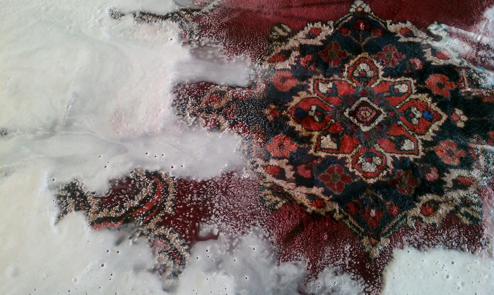 Oriental rug covered in cleaning suds during a full in-plant wash