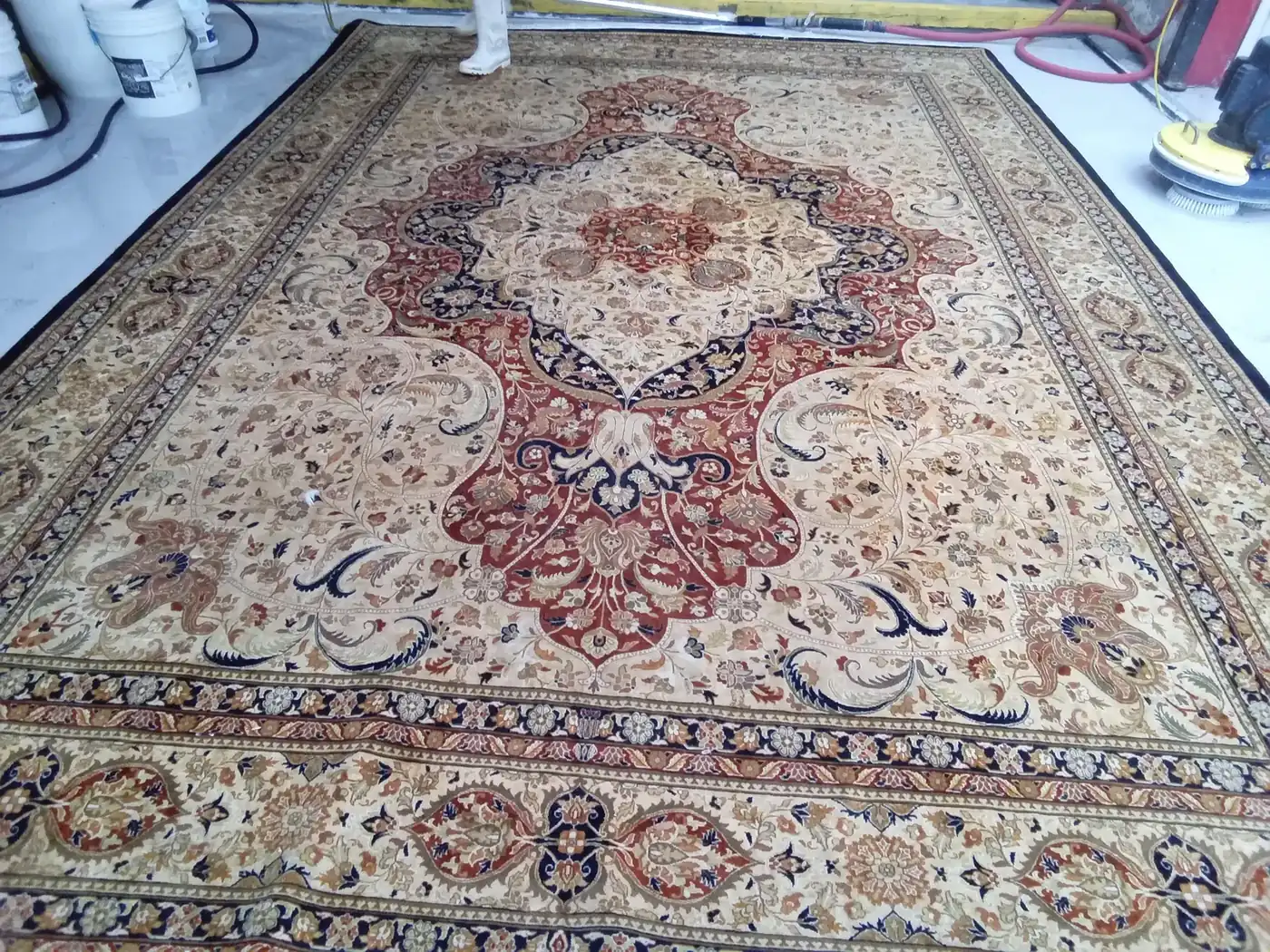 Classic red medallion Persian rug shown full, freshly cleaned